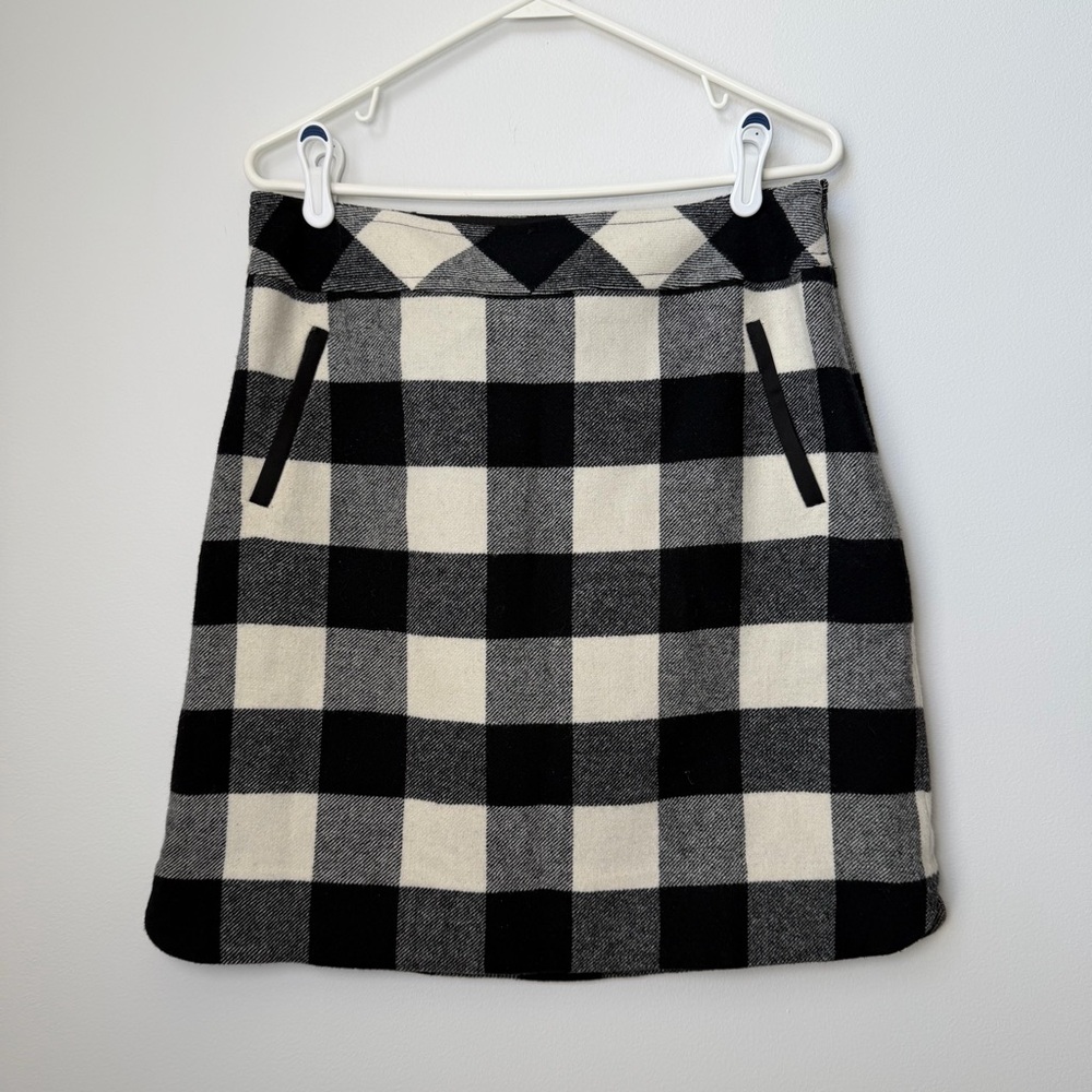 Talbots Black & White Buffalo Plaid Academia Faux Leather Trim Mini Skirt Size 8